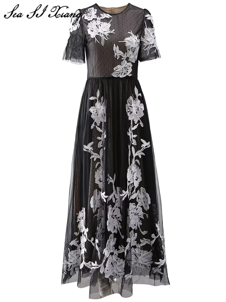 

Seasixiang Fashion Designer Summer Dot Mesh Long Dress Women's O-Neck Short Sleeve Embroidery Vintage Dresses