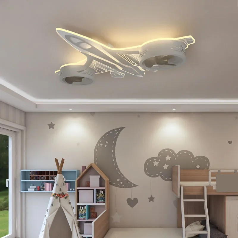 SANDYHA-Ventilador de techo de avión creativo con luz LED, Control remoto, habitación de niños, decoración del hogar, Ventilador de Techo