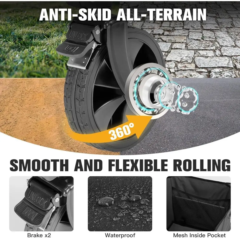 عربة أدوات محمولة شديدة التحمل قابلة للطي مع عجلات كبيرة للشاطئ والحديقة والبقالة والتخييم والرياضات الخارجية باللون الأسود