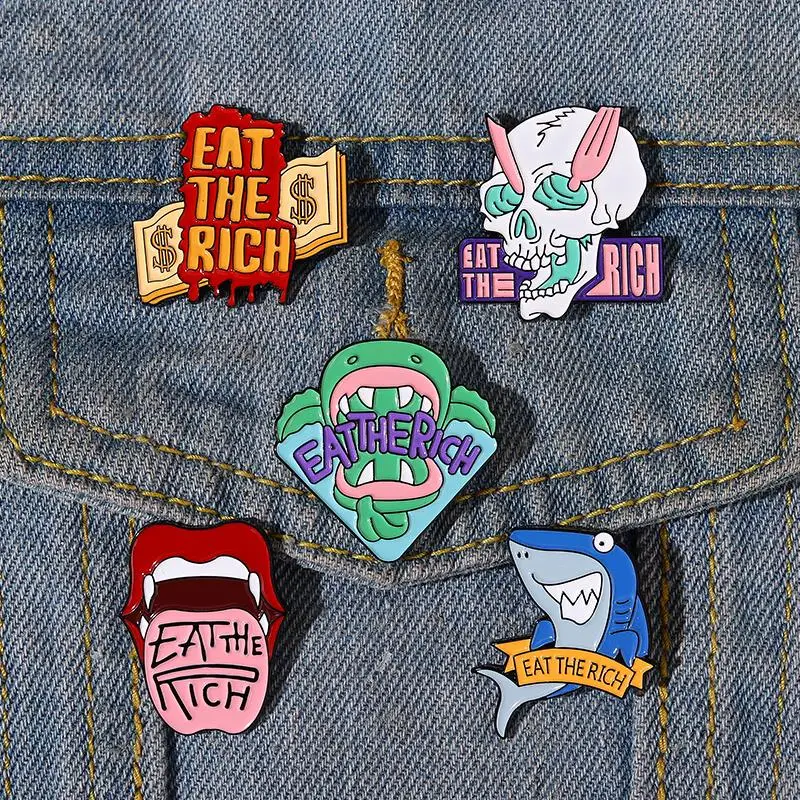 Eat The Rich Enamel Pins Custom Piranha Shark Skeleton Mouth Brooches Lapel Badges Cool Punk Jewelry Gift for Friends