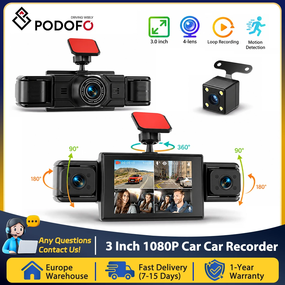 Podofo Dashcam for Cars 4 Channel Black Box WiFi Driving Camera 1080P Car Dash Cam with Four High-Definition Cameras, Including 480P Left Interior, Right Interior, and Rear Cameras  Loop Recording, 360 Degree Protection Car Driving Recorder