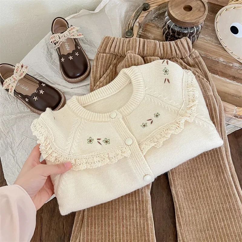 winter 2023 baby girls coat cotton knitted lace broder floral childre ngirls sweaters soft warm versatile kids girls knitwears