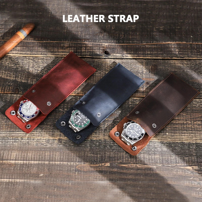 Genuine Cowhide Watch Bag Vintage Crazy Horse Leather Flip Button Retro Custom Text or Name Gifts for Lovers Leather Watch Case