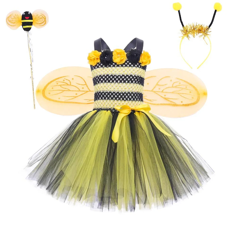 

Yellow Little Bee Animal Clothing Set Elf Halloween Children Cosplay Costume Girls Dance Flower Fairy Princess Dress With Wings