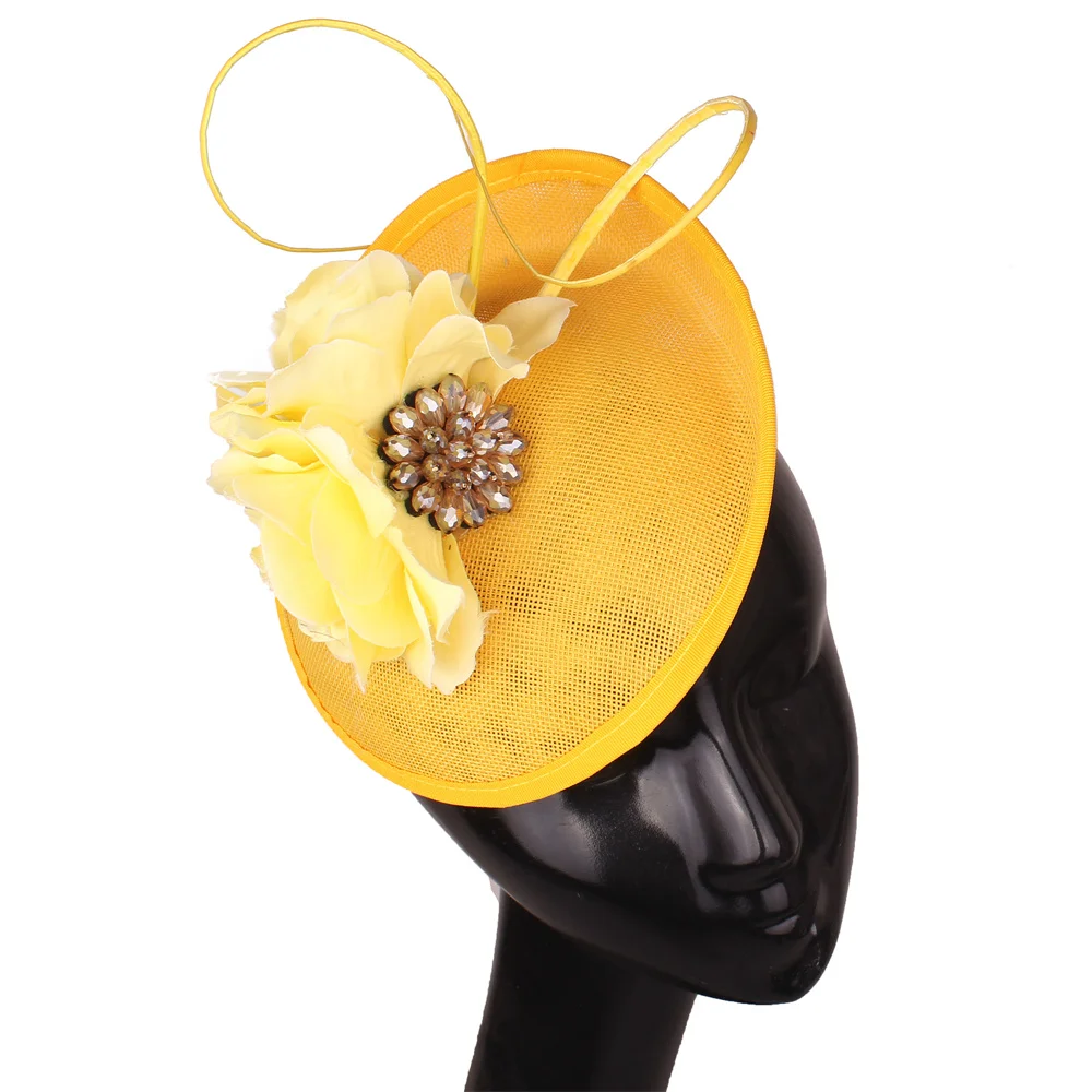 

Women Yellow Fascinators Hat Fabric Flower Bridal Fancy Feather Hair Clips Fascinator Wedding Headwear Elegant Ladies Headdress