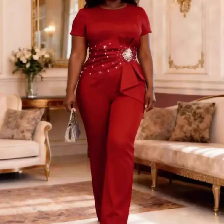 

Fashionable Plus-size Jumpsuit, Slimming And Figure-flattering With Waist Cinching, Beaded And Pleated, Suitable For Commuting