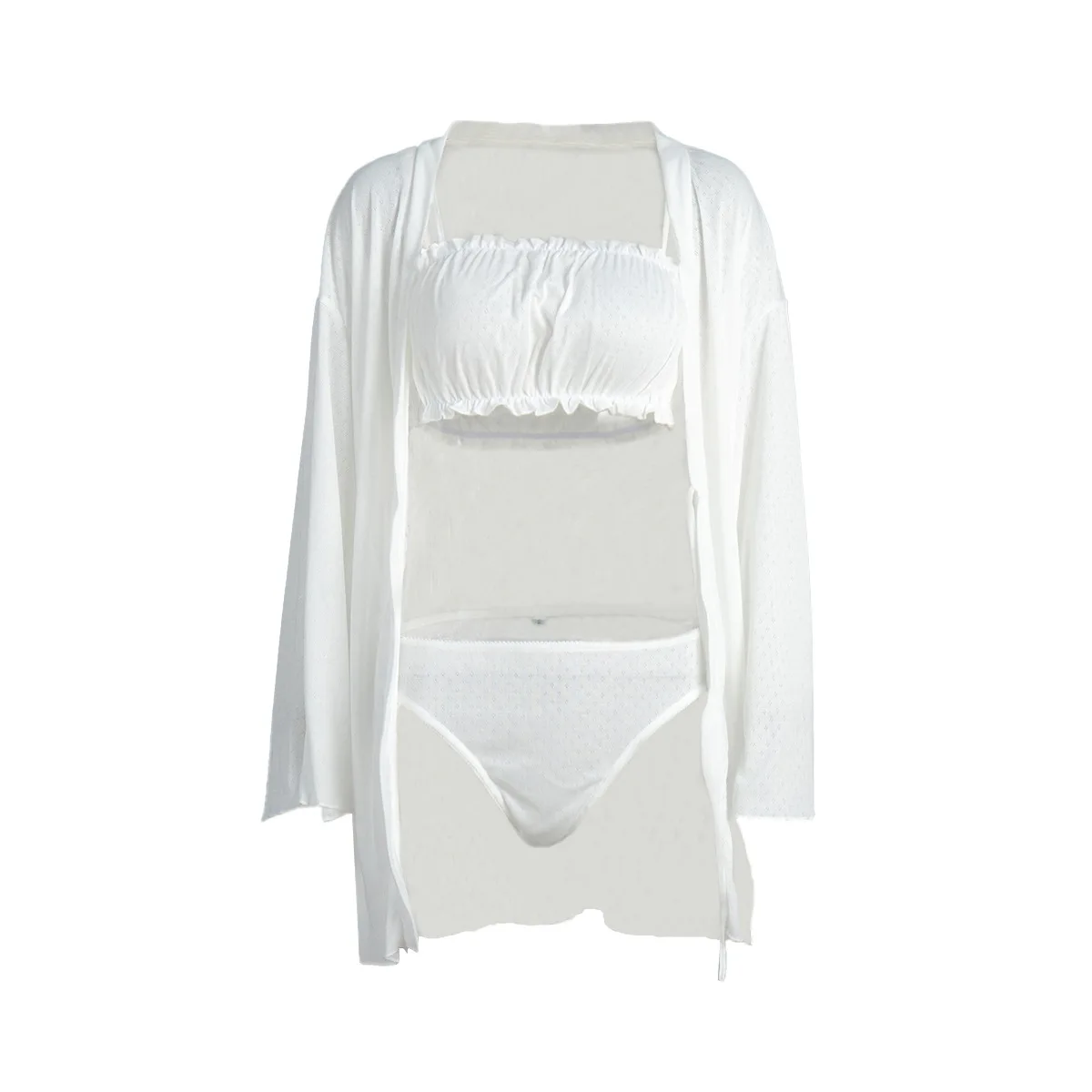 Sexy long robe underwear and shorts three-piece knitted pajama set for ladies' home wear