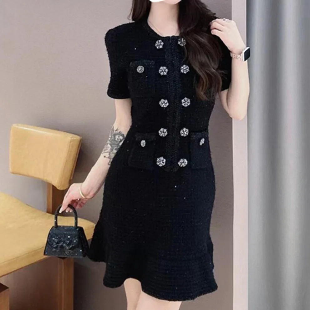 Diamond Buttons Black Knitted Mini Dress Women's A-Line Double Breasted Early Autumn Short Seeve Lady Short Robe 5240244