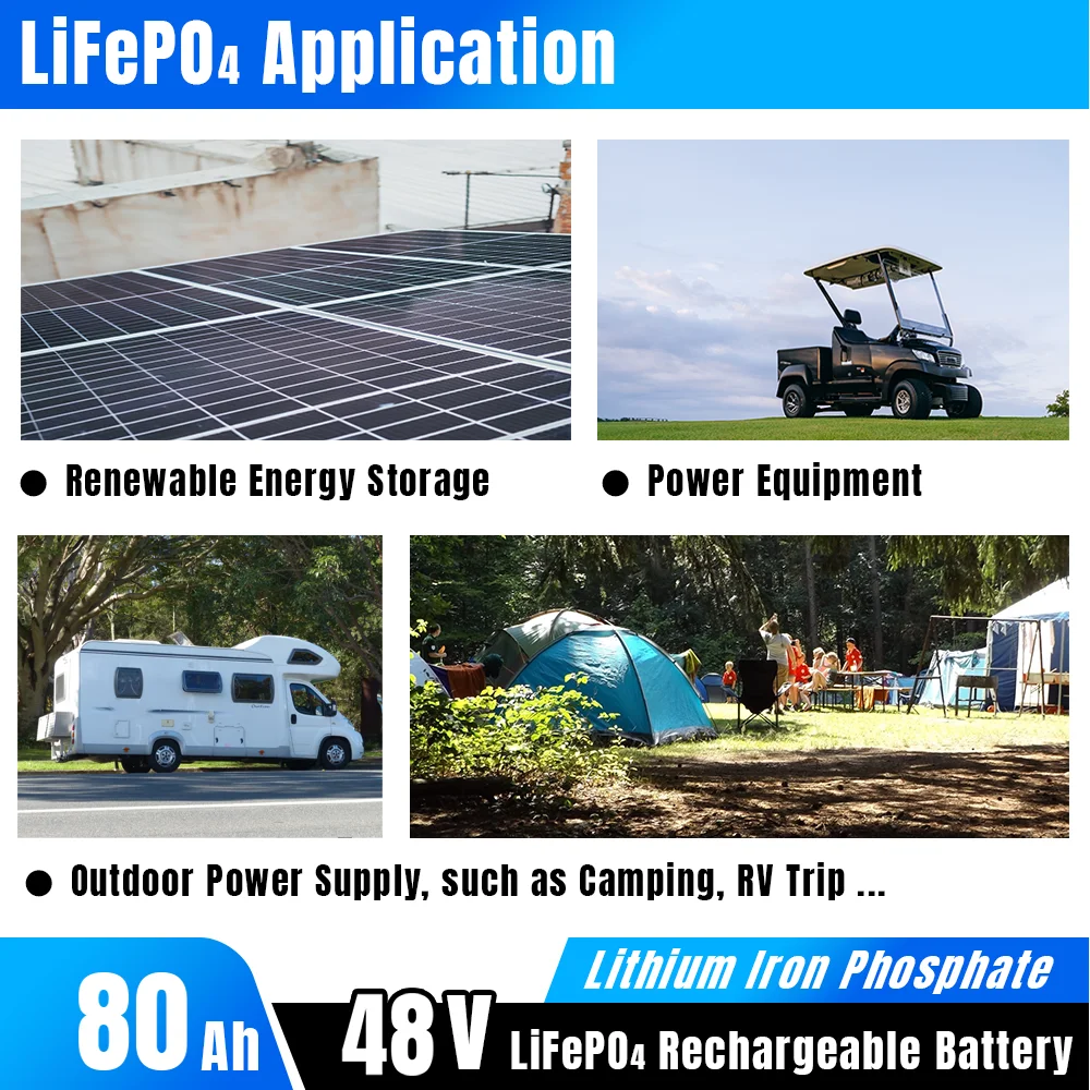 48V 80Ah Lifepo4 Battery Pack Lithium Iron Phosphate Built-in 80A BMS Optional Bluetooth for Golf Cart Tricycle Solar Energy