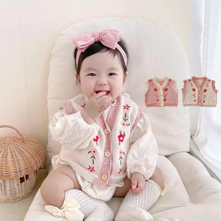 2022 autumn baby girl all-match baby 0-2 years old cardigan cotton yarn knitted sweater embroidered V-neck sweater vest coat