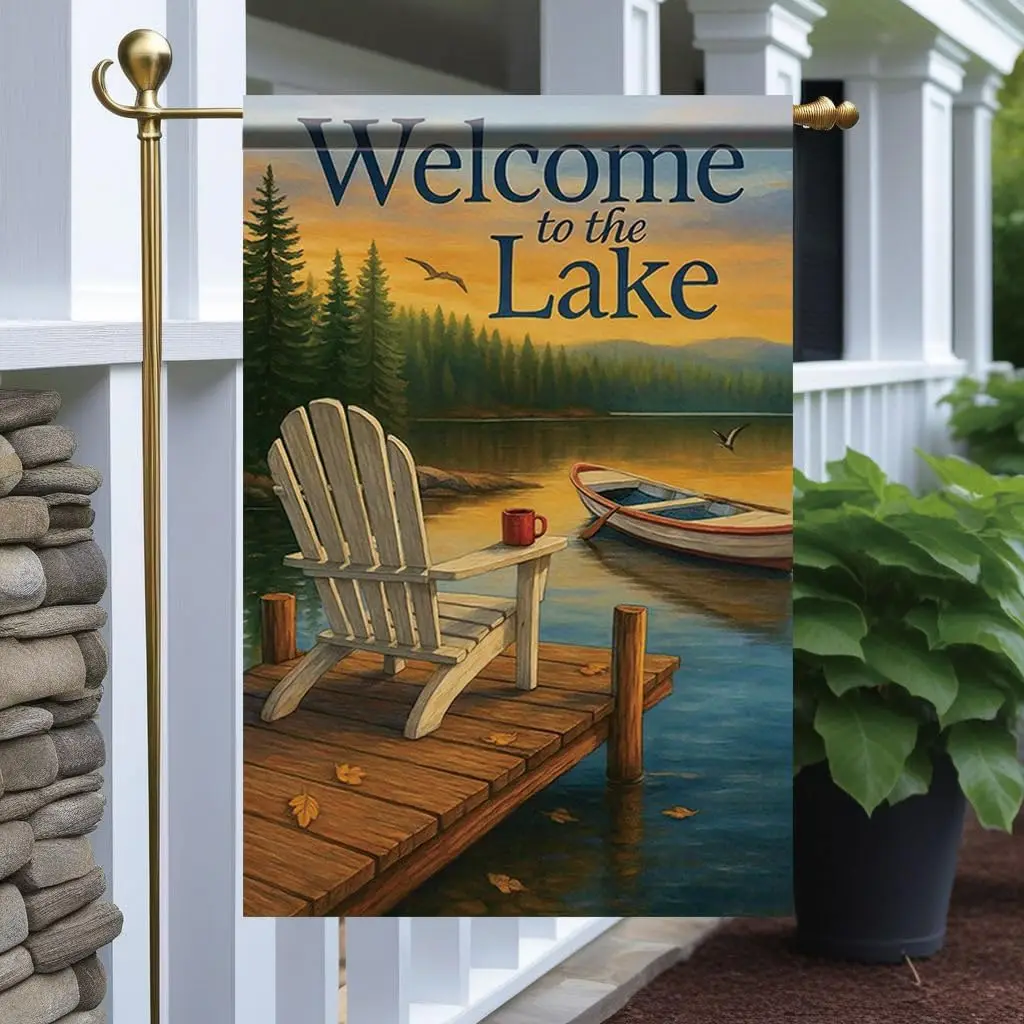 Tomhong Welcome to the Lake Garden Flag 12x18 Inch Double Sided Outdoor Yard Banner withAdirondack Chair Boat and Sunset Lak LLX