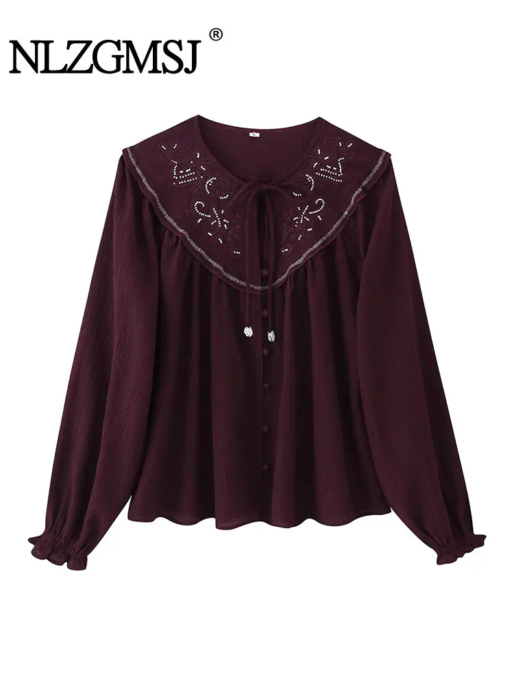 

NLZGMSJ винтажные рубашки с вышивкой, женские рубашки на шнуровке с длинными рукавами, женские модные осенние топы 2025 года