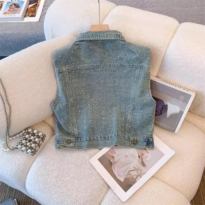 2024 Summer Women New Frayed Burrs Diamond Short Cowboy Waistcoat Light Blue Slim Lapel Sleeveless Denim Vest Female Basic Coat