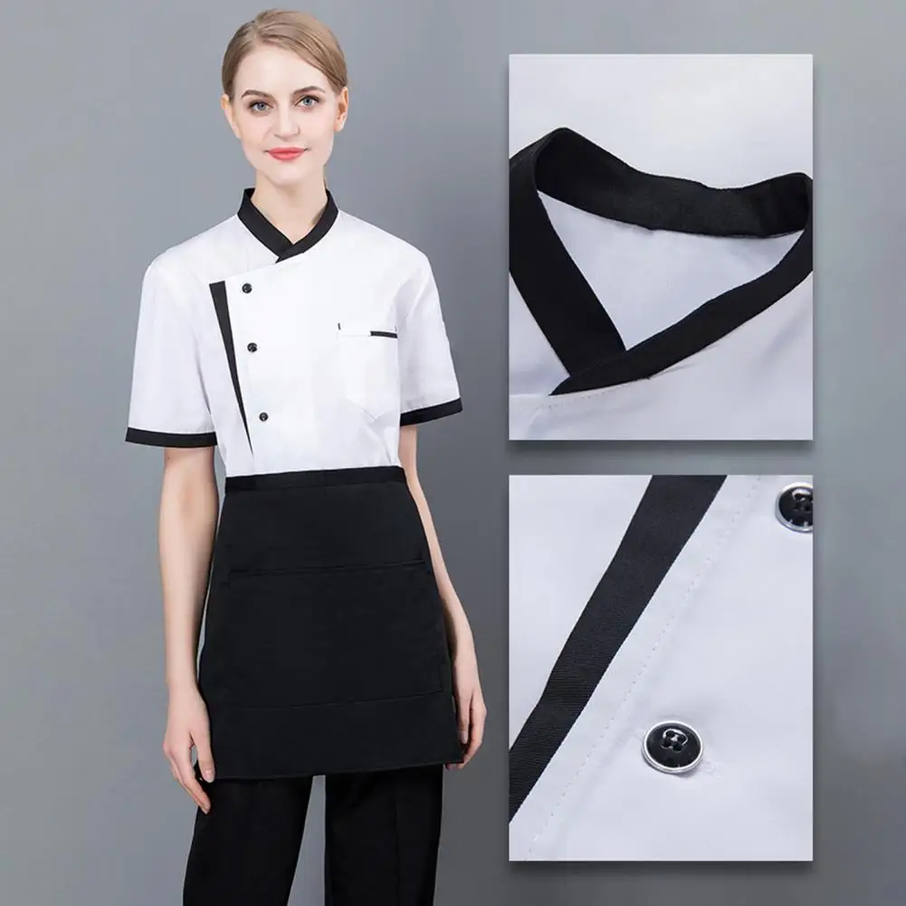 Uniformes de Chef Professionnels, Veste Unisexe à Manches Courtes avec Col Montant, Poche Patch Respirante pour Restaurant