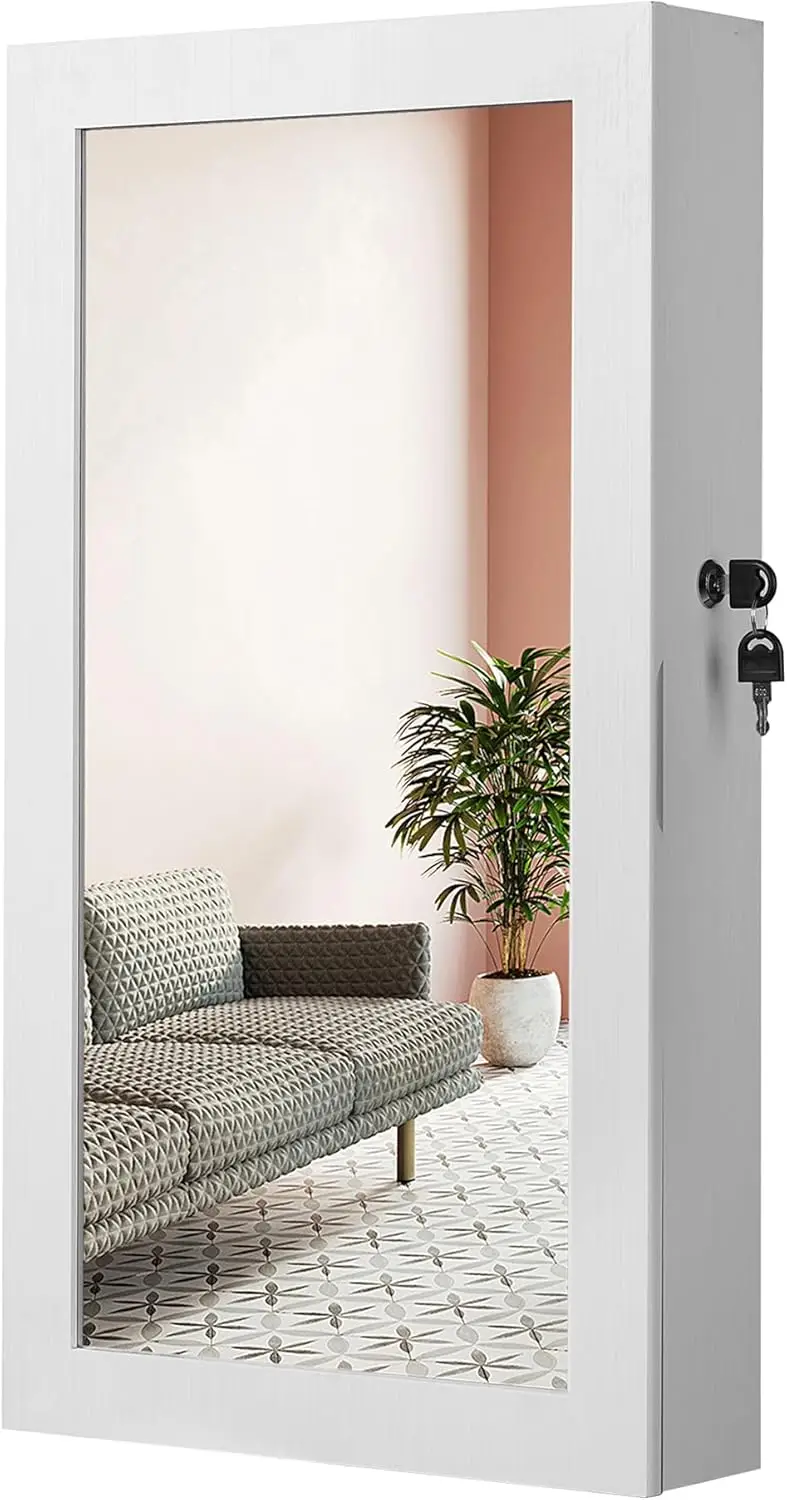 

Lockable Wall-Mounted Jewelry Cabinet with Mirror, Spacious Storage Organizer for Earrings Rings Necklaces, White