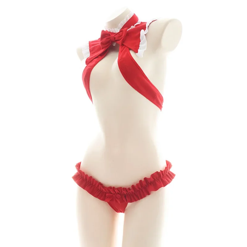 Sexy Red Santa Costume Christmas Lingerie Cute Hollow Out Bikini Bowknot Underwear Pajamas Christmas Lingerie Cosplay Bra Set