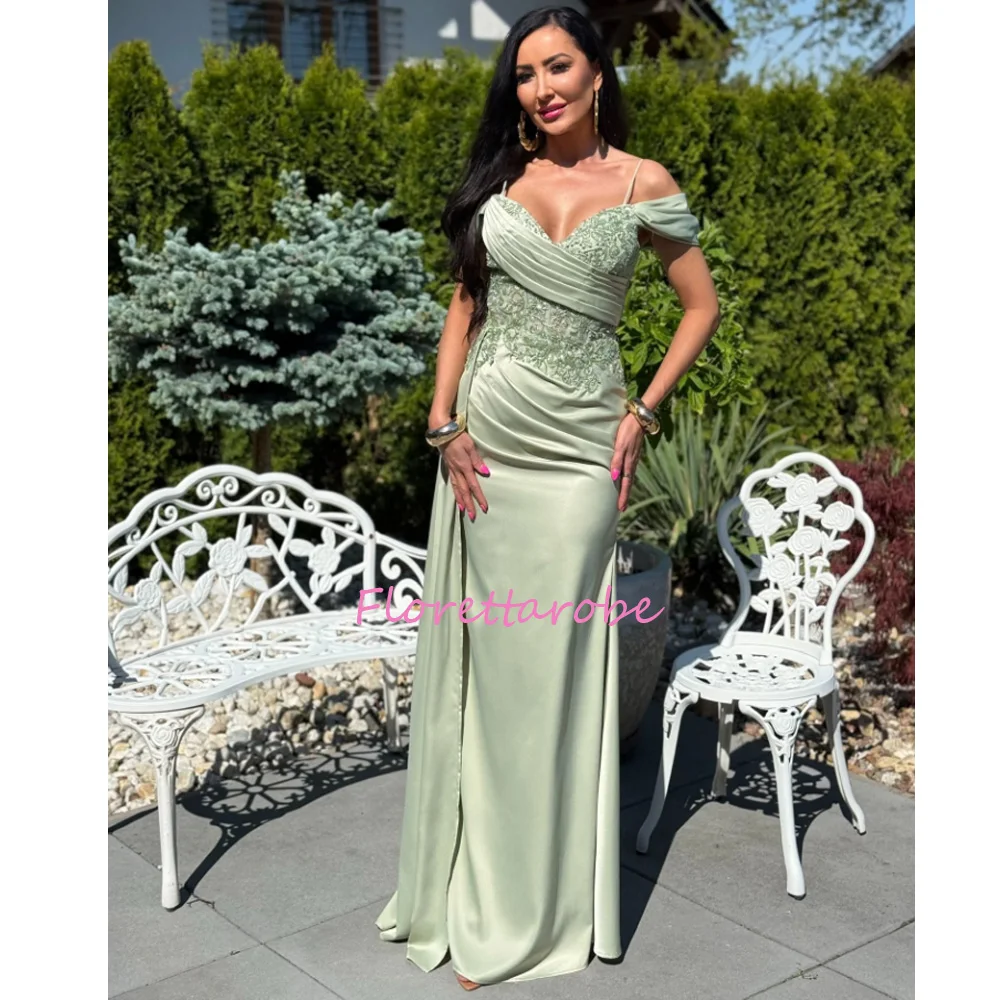 Customized Off Shouder Spaghetti Strap Mermaid Mother of The Bride Dresses Appliques Lace Long Women Satin Wedding Guest Gown