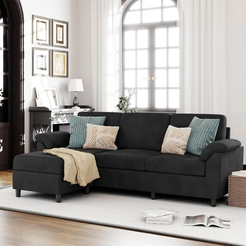 79” Convertible Sectional, 3-Seat L-Shaped Sofa with Removable Pillows Linen Small Sectional, Mid-Century Style, (Black)