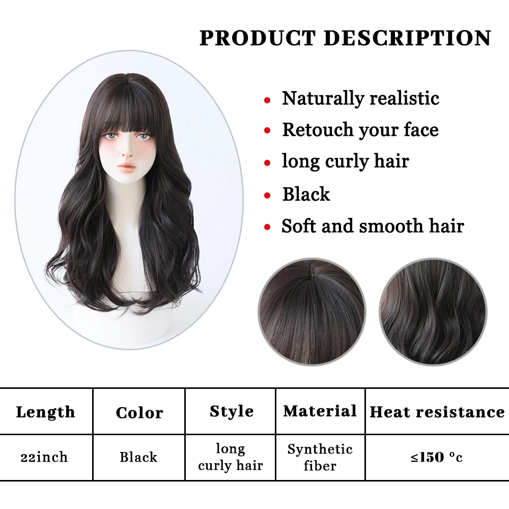 Long Wave Wig with Bangs Natural Black Synthetic Wig Heat-Resistant for Women Daily Party Cosplay Premium Soft Wig Fake Hair