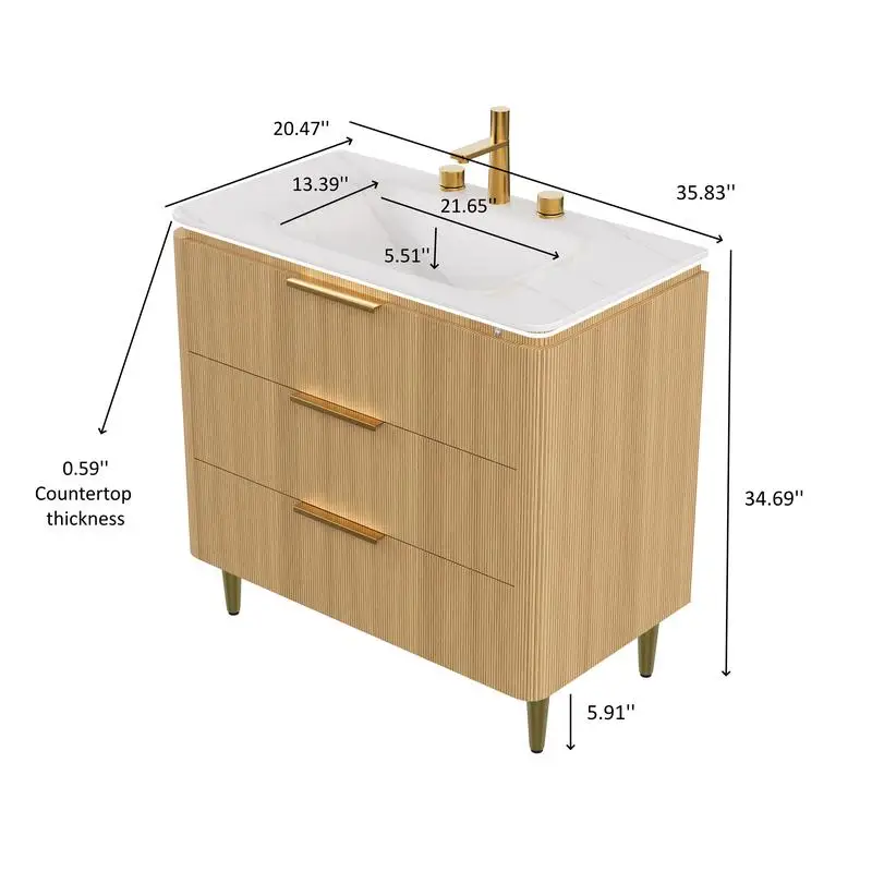 Vanity e lavabo da bagno da 36'', mobiletto indipendente in compensato con griglia ultrasottile, 3 cassetti, pietra bianca Carrara integrata