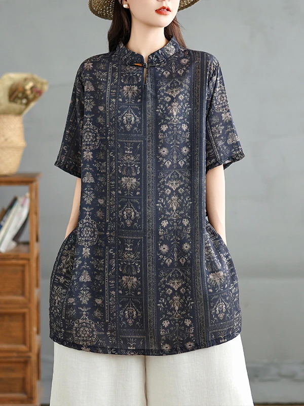 

Художественная женская рубашка большого размера из хлопка и льна с пуговицами, воротником-стойкой и коротким рукавом, летняя, повседневная, модная