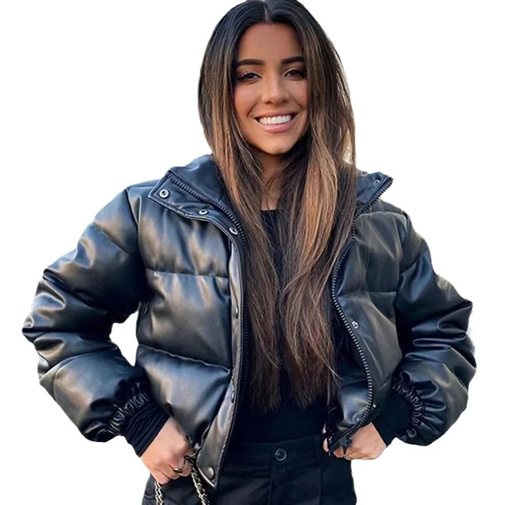 2025 الشتاء المرأة بولي Leather سترة جلدية قصيرة الوقوف طوق الخبز نمط القطن مبطن دراجة نارية كول فتاة ملابس خارجية غير رسمية #5