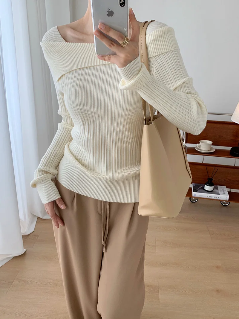 Korean Knitted Pullover Women Lapel Off Shoulder Slim Long Sleeve Sweater Y2k Clothes