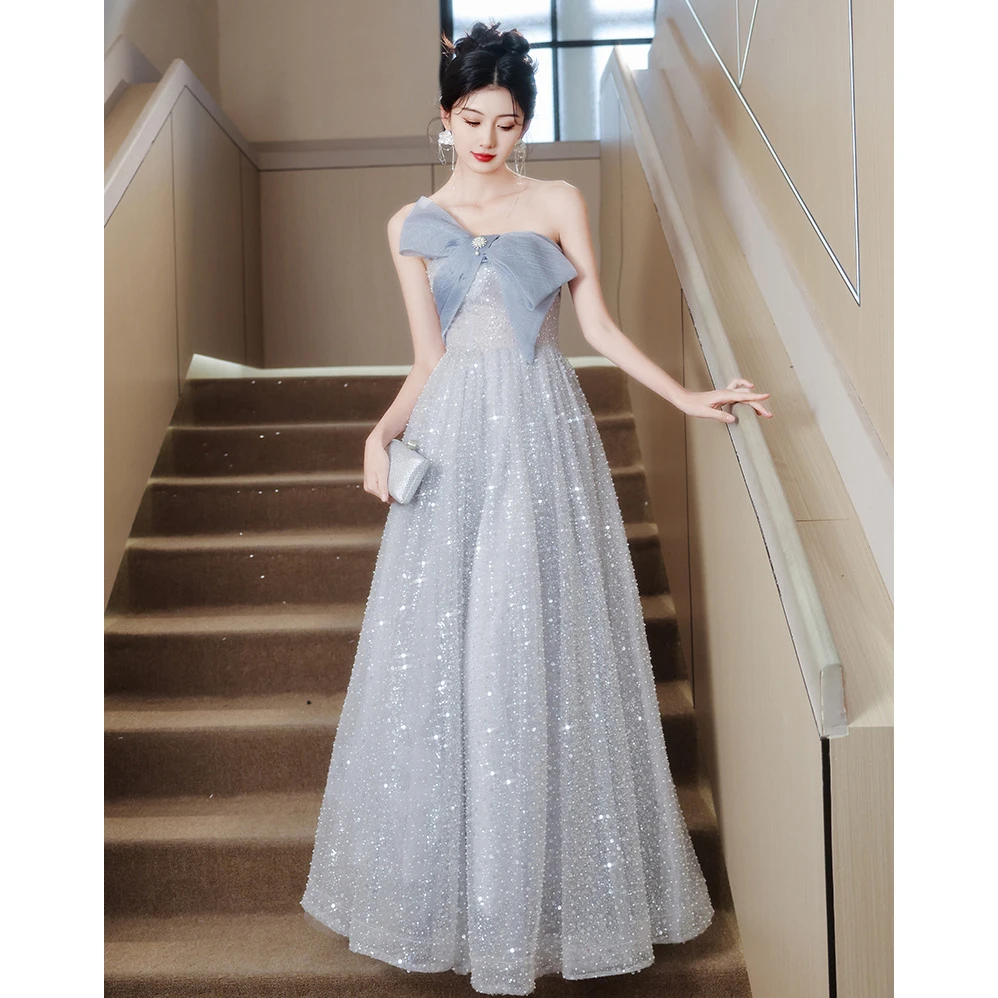 French Long Evening Dress For Women 2024 New Sequined Large Hem Design Elegant Patchwork Solid Blue Wedding Banquet Host Gowns