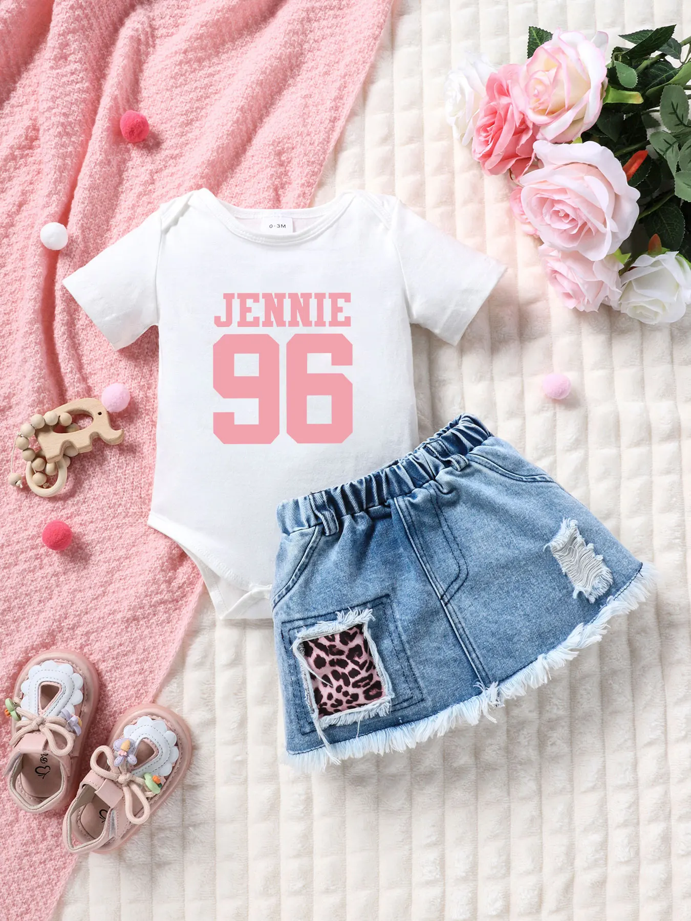 Summer 2pc set: JENNIE 96 print, romper+denim skirt, trendy fan style