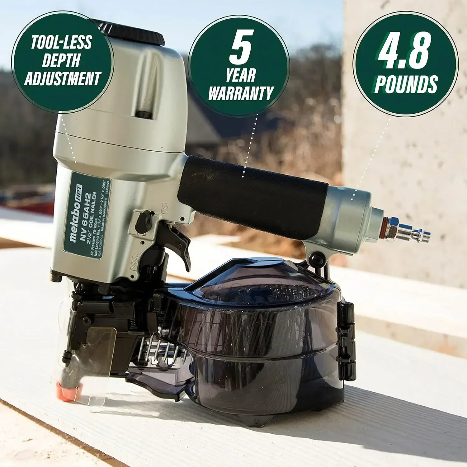 home.Coil Siding Nailer, 1-1/2 inch to 2-1/2 inch Siding Nails, Side load, Tilt Bottom Magazine (NV65AH2)