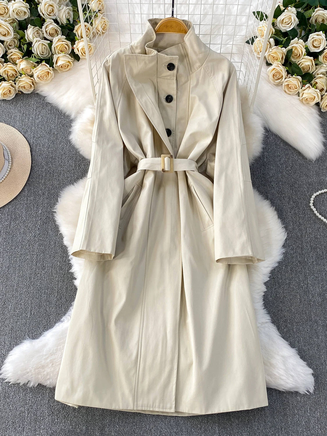 Ele Long Sve Stand Collar Dr Women's Mid-Length A-Line Windbreaker Waist-Cinched Single Button Autumn Faion