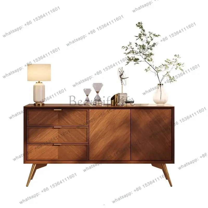 Mid-Century Solid Wood Retro Sideboard, Living Room Wall Storage, Modern Simple Herringbone Pattern Storage Cabinet