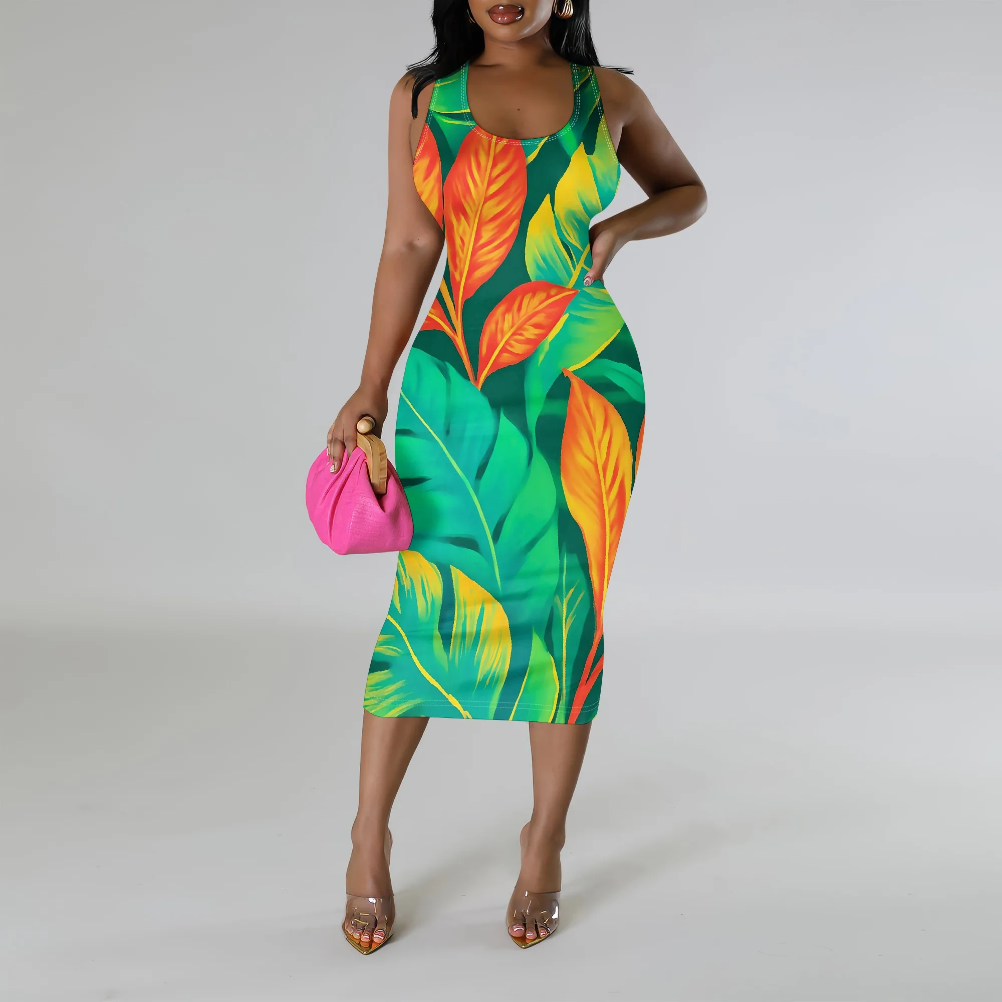

Tropical Leaf Print Bodycon Dress S-3XL Sleeveless Crew Neck Midi Style for Summer Vacation, Beach Trip or Island Look