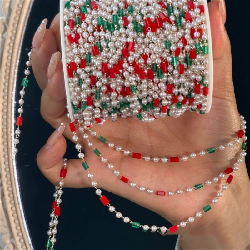 10 Yards/Lot New Xmas Red Green Crystal Pearl Link Chains DIY Jewelry Making for Bracelet Necklace Garment Christmas Decoration