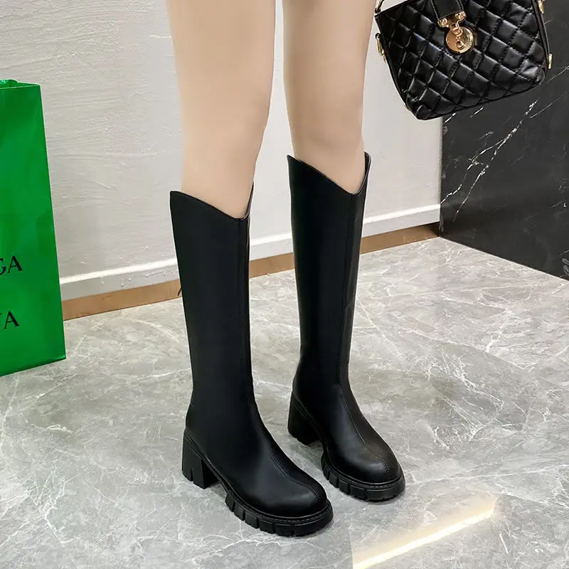 Shoes for Woman Round Toe Leather Women's Boots Footwear White Middle Heel Waterproof Spring 2024 Boot New in On Promotion Trend