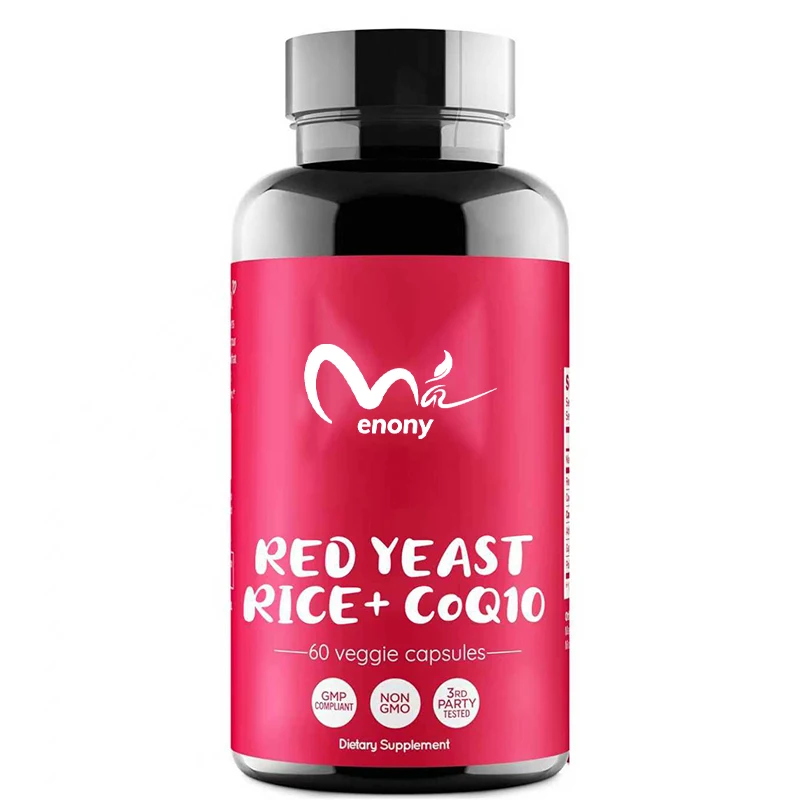Red yeast rice contains 1200 milligrams of coenzyme Q10 supplement, supporting heart health and circulation, in 60 capsules