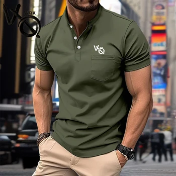 남성용 반팔 폴로 셔츠, 스탠드 칼라 캐주얼 티셔츠 브랜드, VQWQK 모조 면 프린트 포켓 탑, 여름  Best5