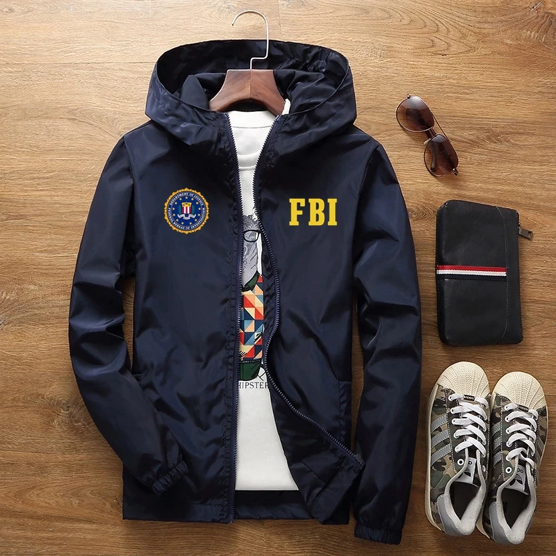 Chaqueta impermeable para hombre, Abrigo con capucha para exteriores, rompevientos, ropa con estampado del FBI, primavera y otoño, novedad de 2023