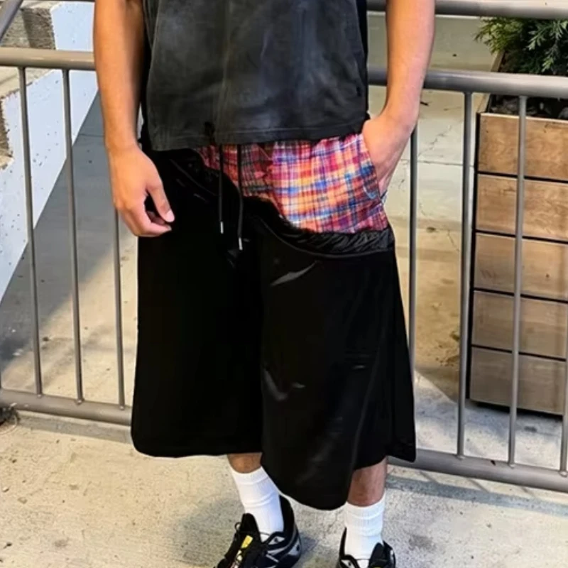 Y2K Contrast Plaid Stitching Five-point Short Hip Hop Rainbow Plaid Stitching Drawstring Elastic Waist Wide Leg High Street Pant