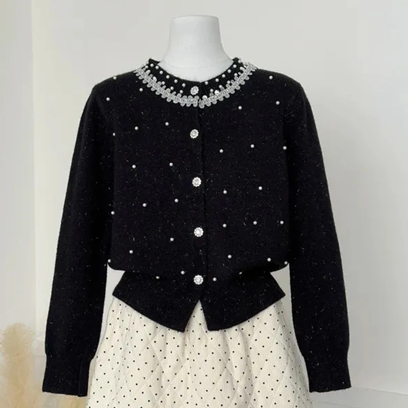 

Корейский милый вязаный свитер со стразами, женский элегантный кардиган с длинными рукавами и бисером, милый однотонный женский топ на весну и осень в консервативном стиле