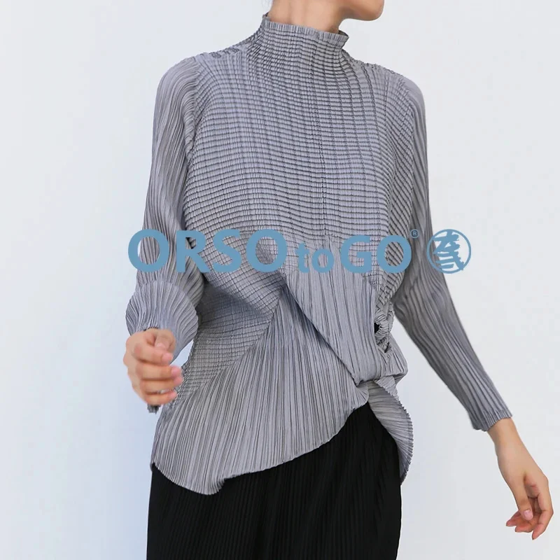

2022spring all-match women's jacket tops Miyak fold Fashion plus size bottoming shirt long sleeve loose half high collar T-shirt