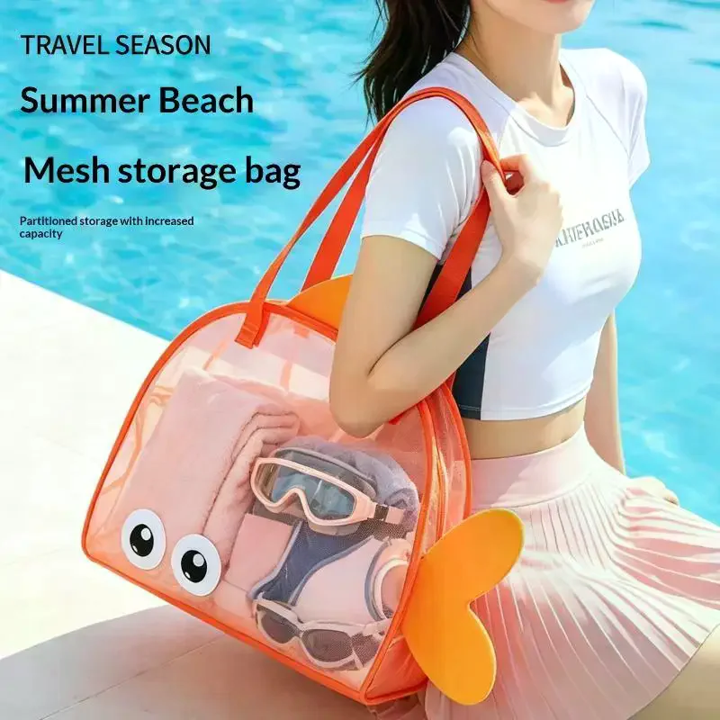 Cute Cartoon Large Capacity Storage Bag Foldable Breathable Mesh Sand Digging Toy Organizer Pouch For Travel Outdoor Sports