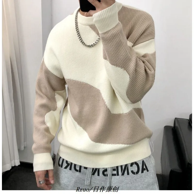 سترة كورية للرجال للخريف والشتاء سترة فضفاضة غير رسمية عصرية بأكمام طويلة وألوان متباينة ورقبة مستديرة