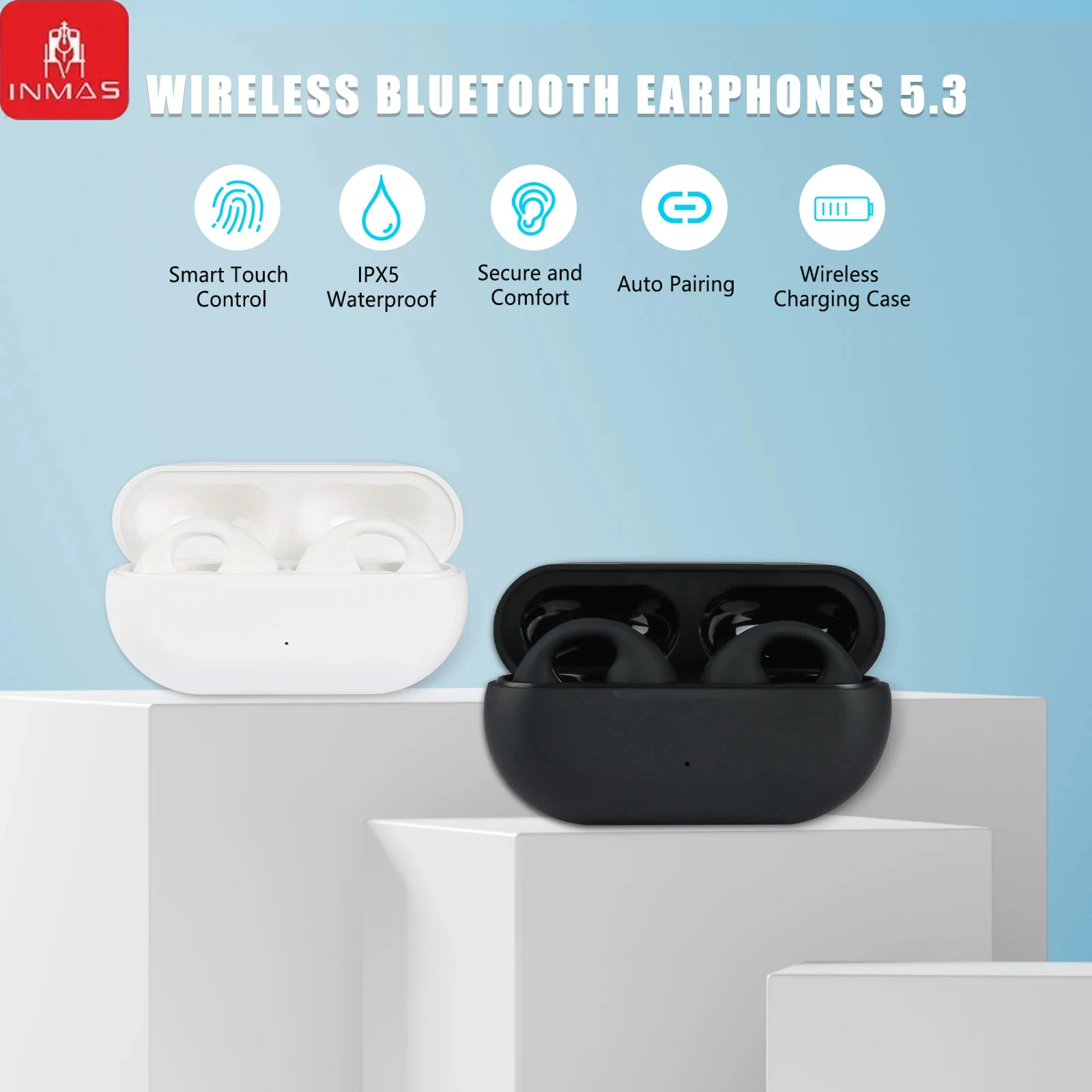 INMAS-TW01 Earclip Earbud sem fio Bluetooth, Touch Control Headset, impermeável Sport Earbud, fone de ouvido estéreo HiFi para Android e iOS