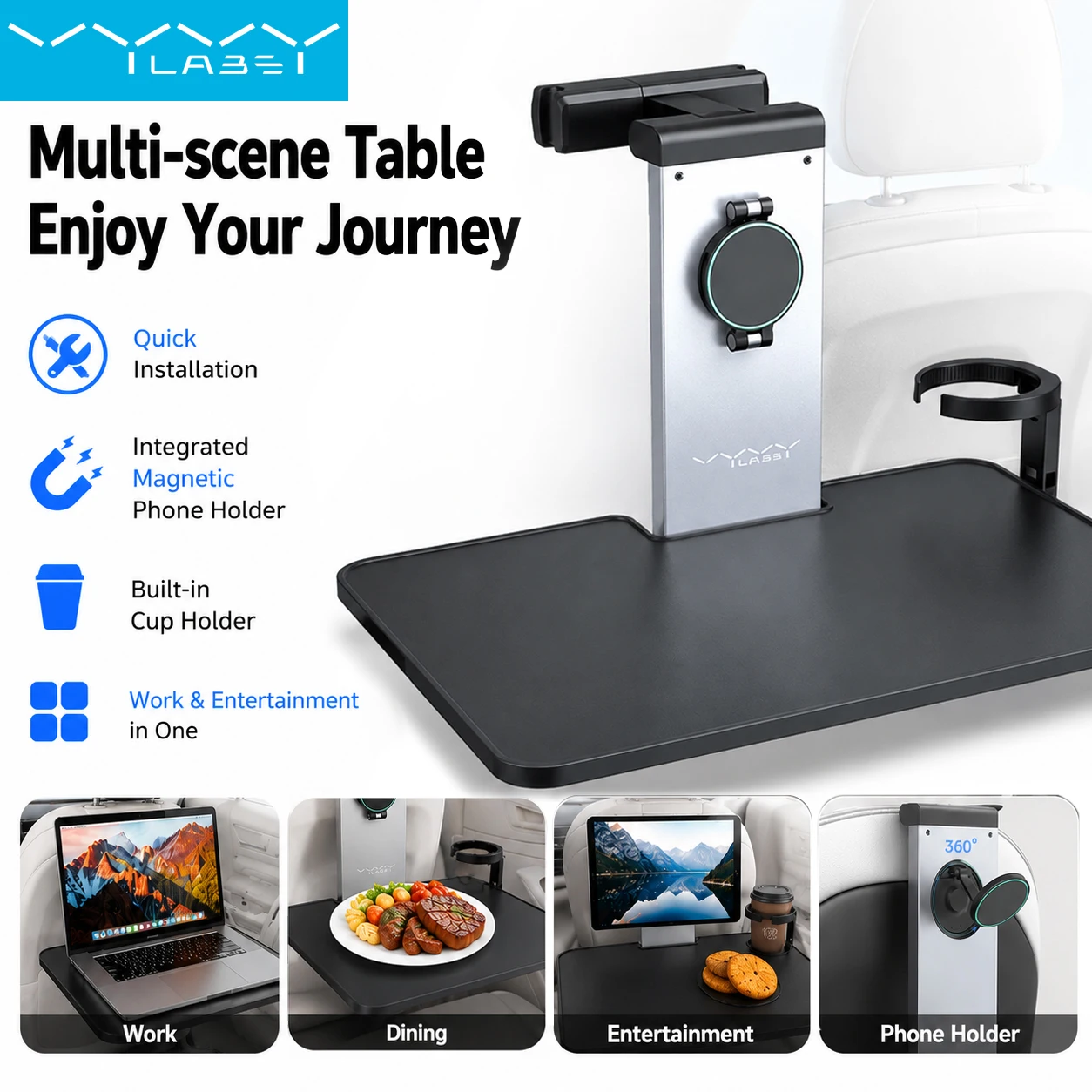 Vyvylabs Car Back Seat Tray Table Foldable Laptop Desk Bracket 360° Magnetic Phone Holder Cup Holder for Food Work Travel Kids