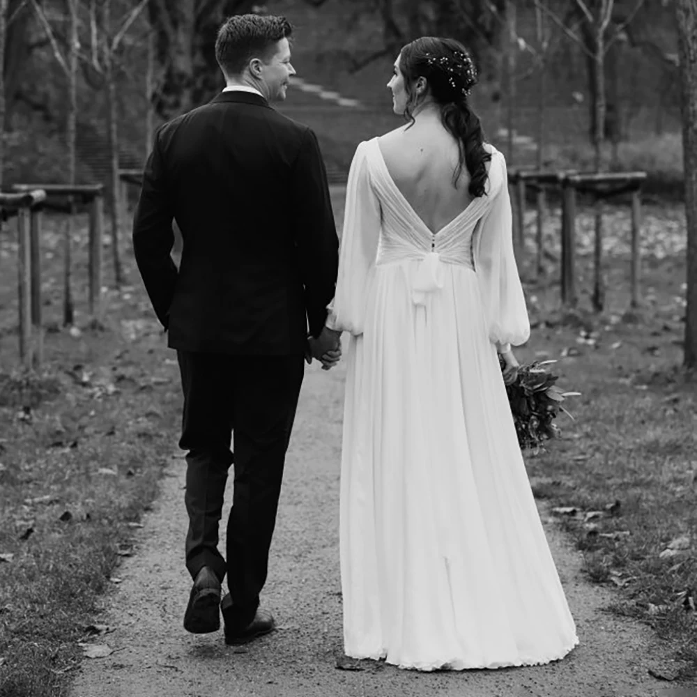 V Neck A Line Chiffon Wedding Dress Simple Long Bishop Sleeves Criss Cross Backless Ruched Ivory Solid Bridal Gowns Customized