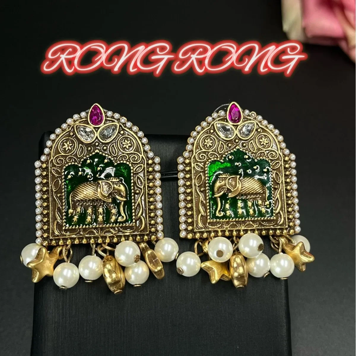 Vintage Exotic Ethnic Made Old Earrings Indonesian Western Region Elephant Diamonds Inlaided Zircon Pearls Medieval Earrings