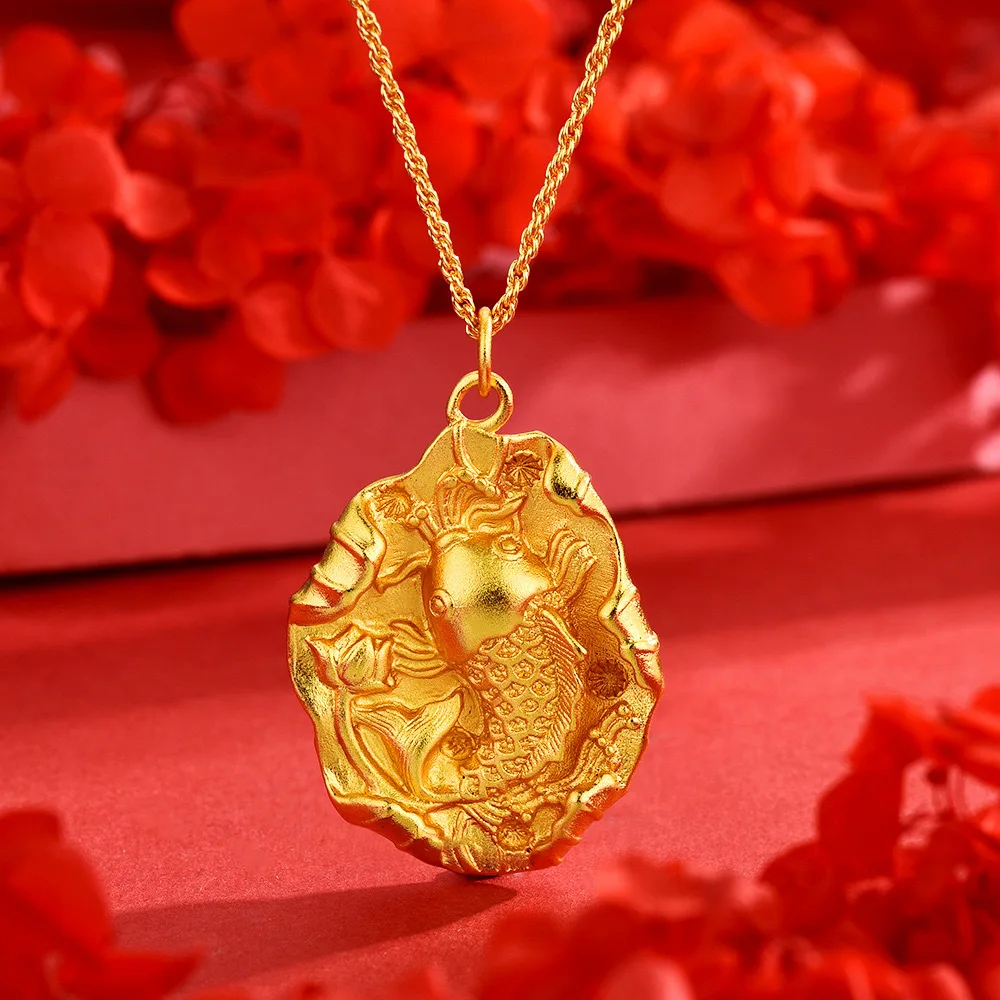 

9999 24K real gold new Chinese style diamond-inlaid koi pendant necklace like a fish in water and fish leaping lotus jewelry