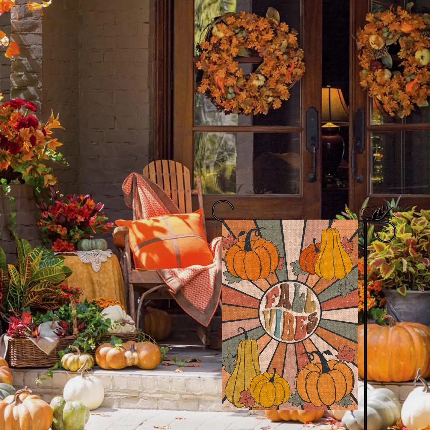 Fall Garden Flag Fall Vibes Double Sided for Outside Burlap Pumpkins Autumn Seasonal Yard Decoration Lawn Outdoor Decor 12x1 SSL