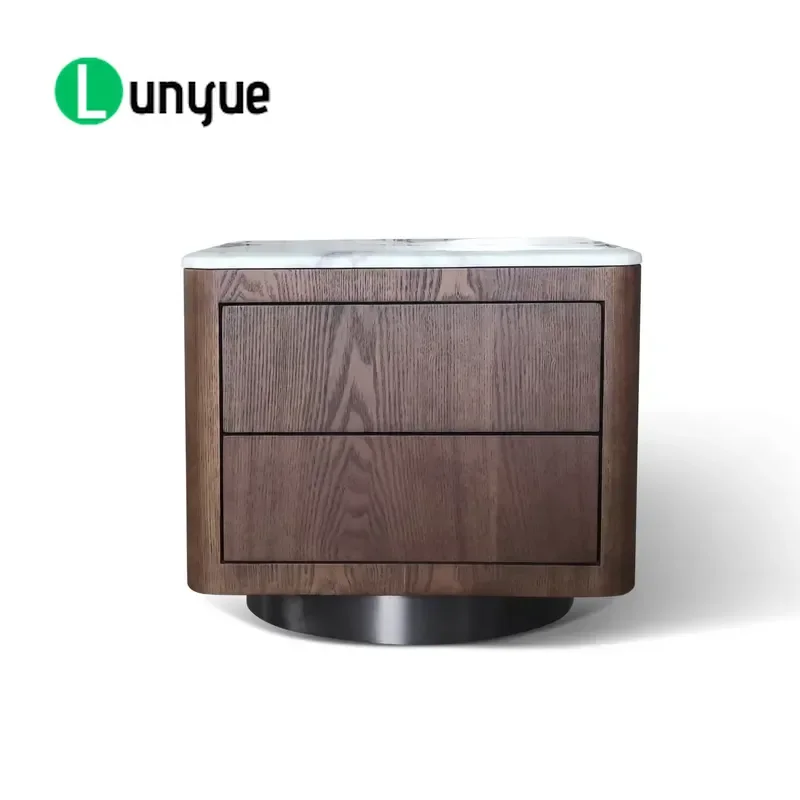 Luxury Simple 2 Drawer Wooden Bedside Table with White Marble Top Modern Nightstand for Bedroom Living Room Storage Furniture
